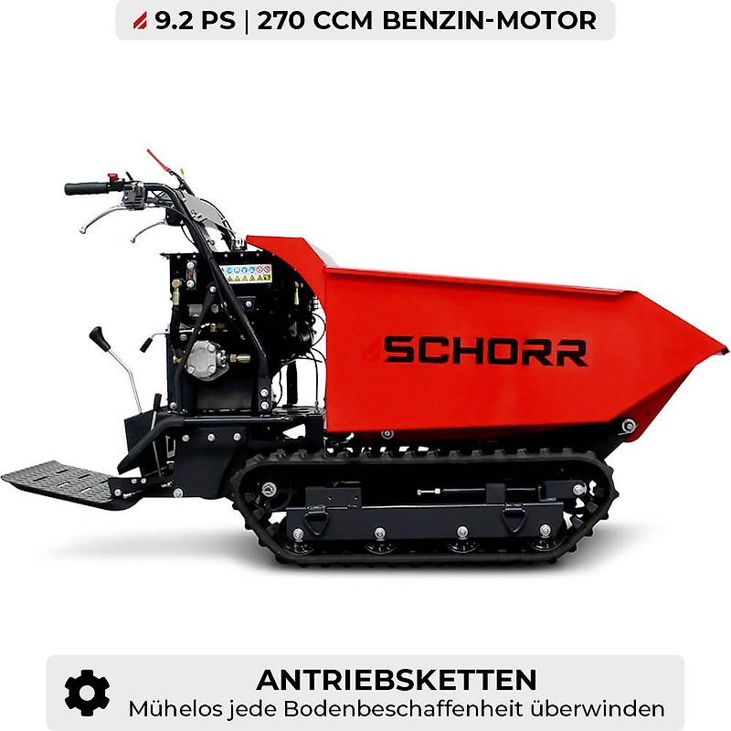 SCHORR Minidumper RR500DHKA2 PRO 500kg Mulde mit Kipphydraulik und Mitfahrplattform 9,2 PS Benzin Dumper Raupendumper